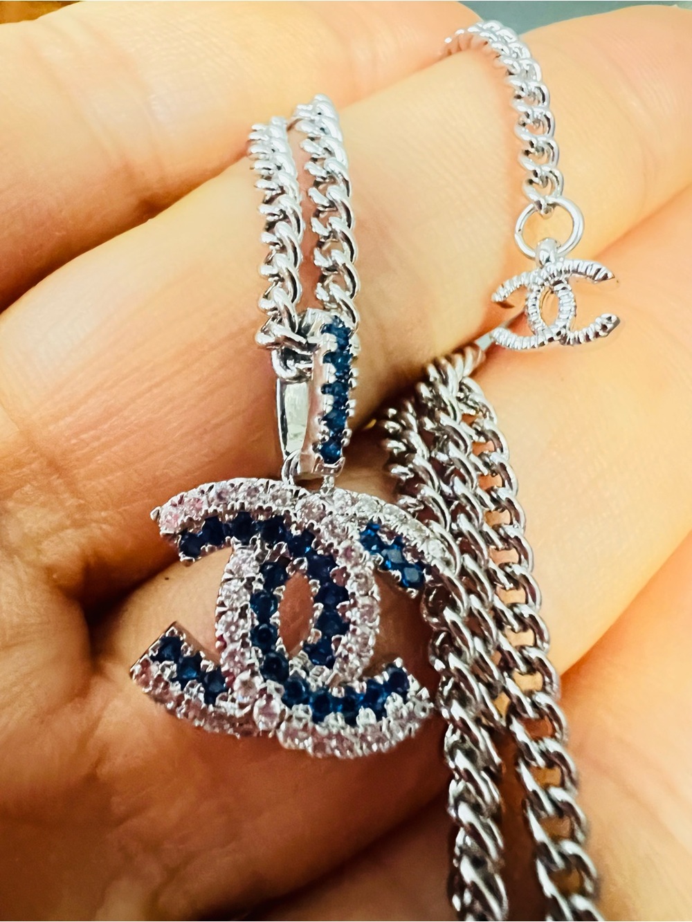Silver Unbranded Necklace with Blue and Clear Crystal Pendant